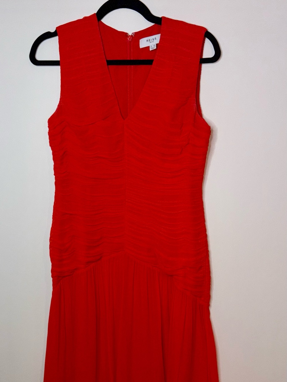 Reiss London Saffy Ruched Asymmetrical Red Petite Midi Dress